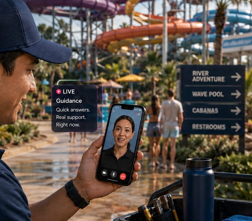 Training video still: a park team member getting live guidance on his phone