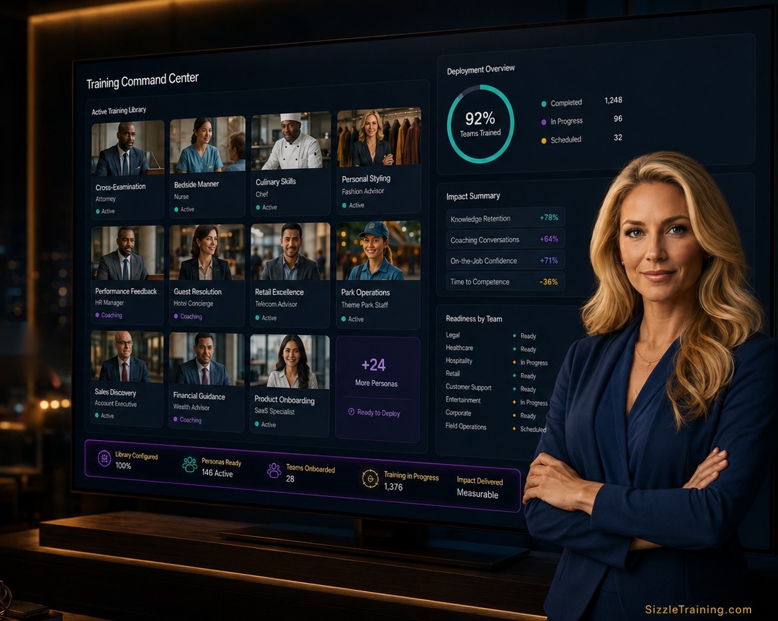 A training leader beside the live Training Command Center: readiness, impact summary, and persona library