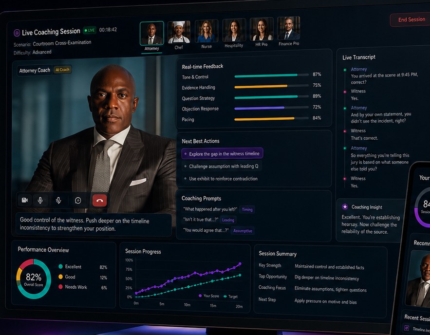A live coaching session on screen: the attorney coach persona with real-time feedback, next best actions, and session performance