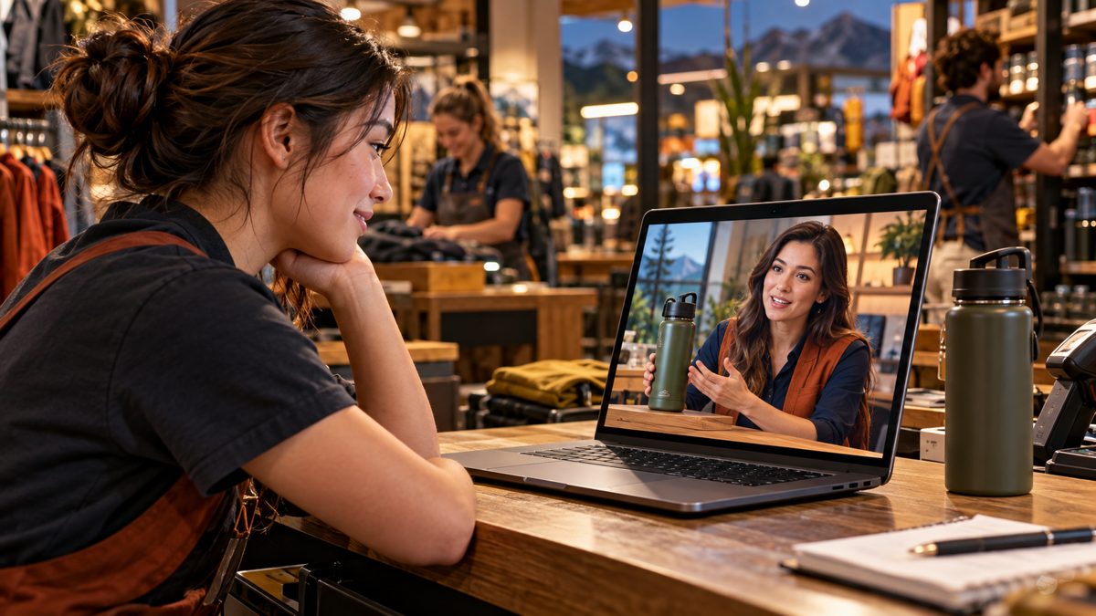 A retail associate learns about a new water bottle from a Synth Human instructor on a laptop at the store counter