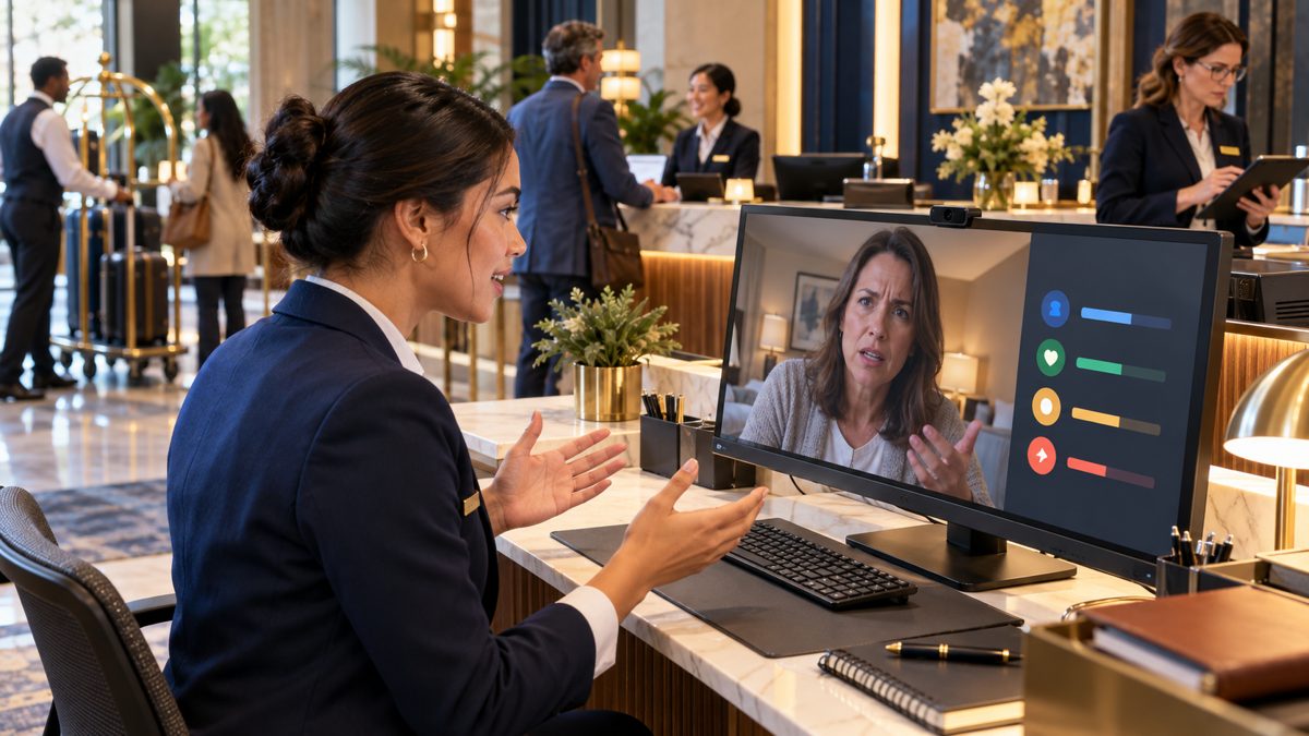 A hotel front-desk agent responds to an upset guest played by a Synth Human, with live feedback indicators on screen
