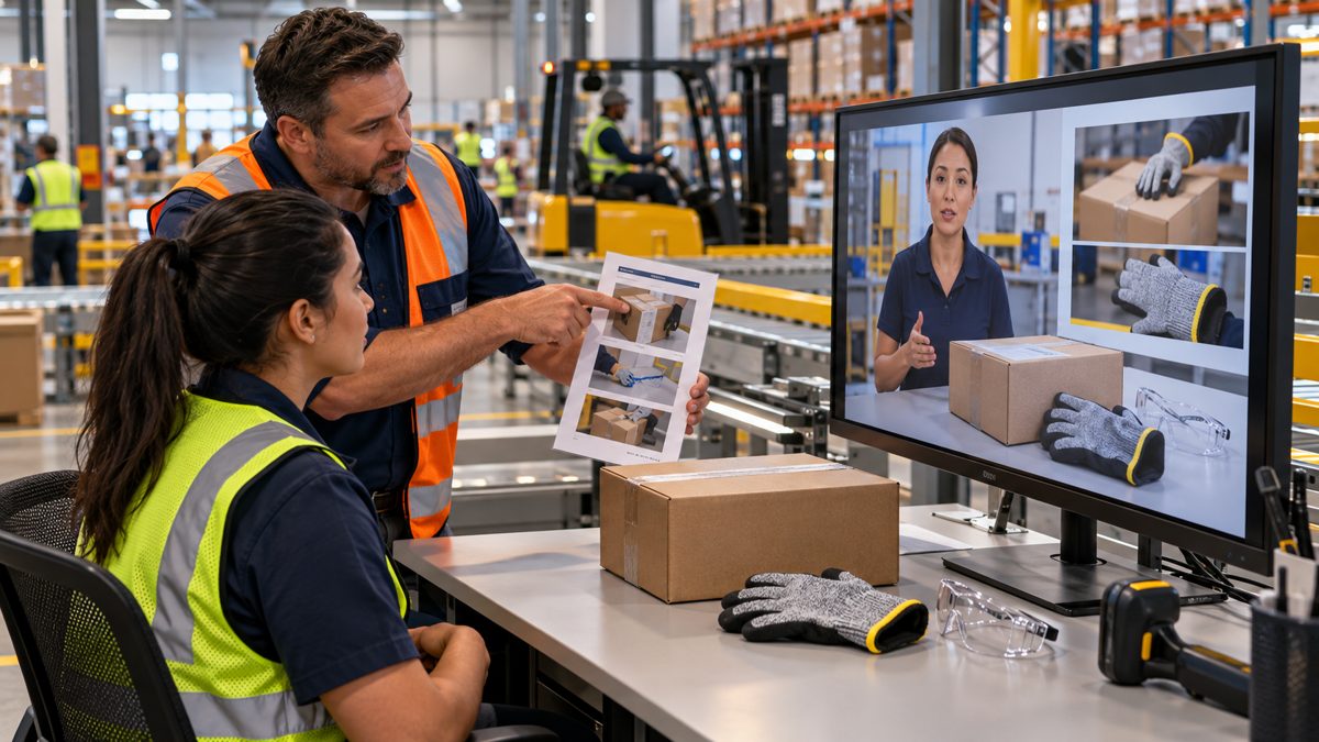 A warehouse supervisor and new hire follow a Synth Human instructor demonstrating a packing procedure on screen, with photos of the steps beside her